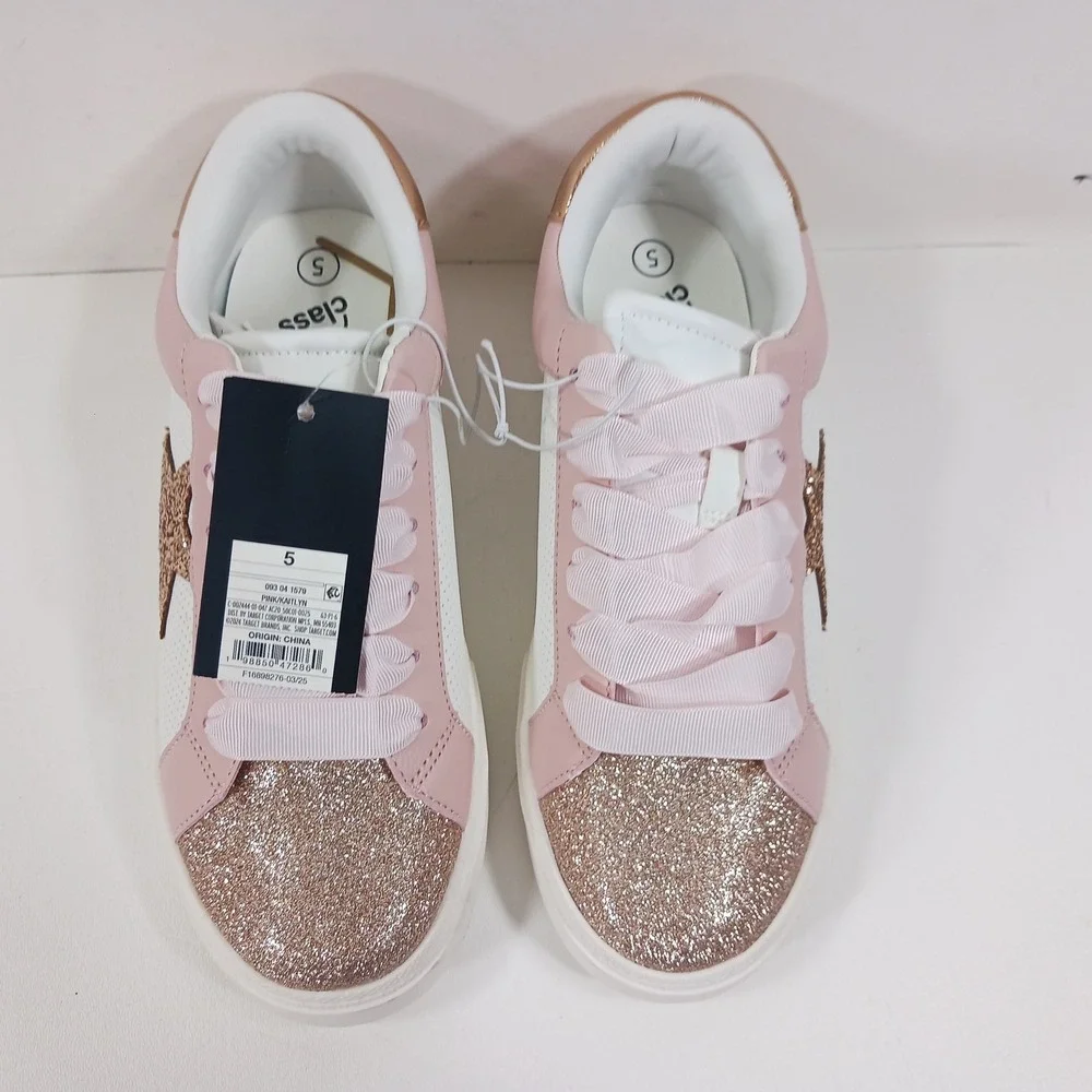 Art Class Kaitlyn Pink White Glitter Star Ribbon Lace Sneakers Girls Size 5 NEW